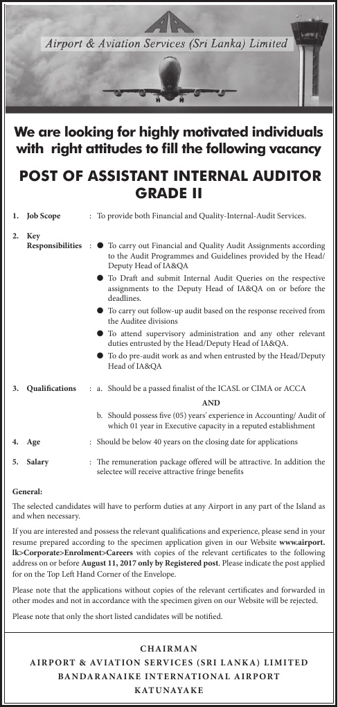 Assistant Internal Auditor - Airport & Aviation Services (Sri Lanka) Ltd